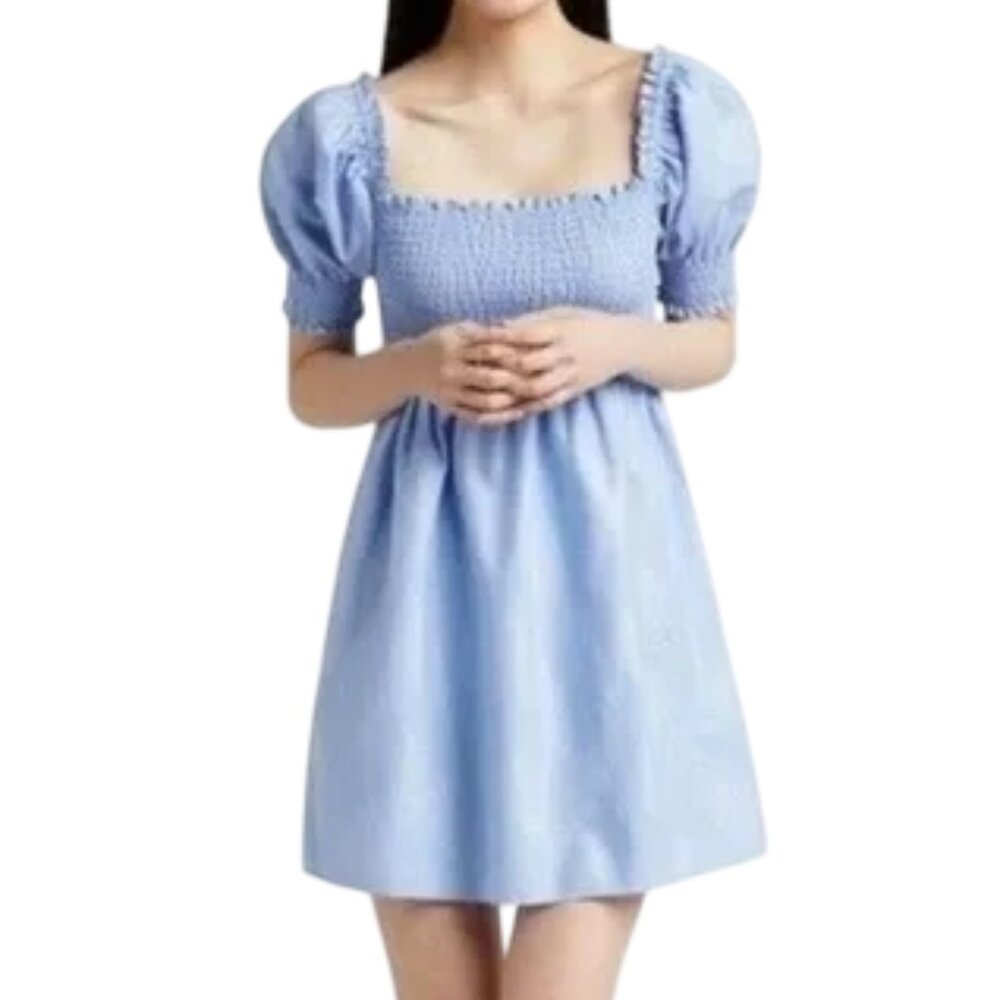 HILL HOUSE Mini Dress, S, Athena Nap, Powder Blue/Silver check, Smocking A-line - Picture 13 of 13